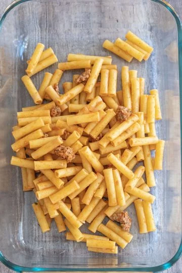 first layer of pasta in the baking dish