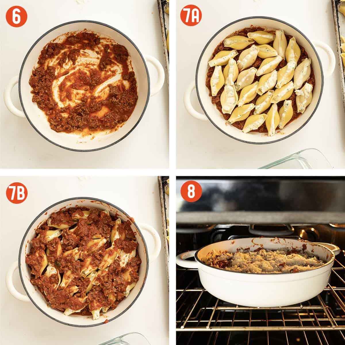 Layering stuffed shells in a dish.