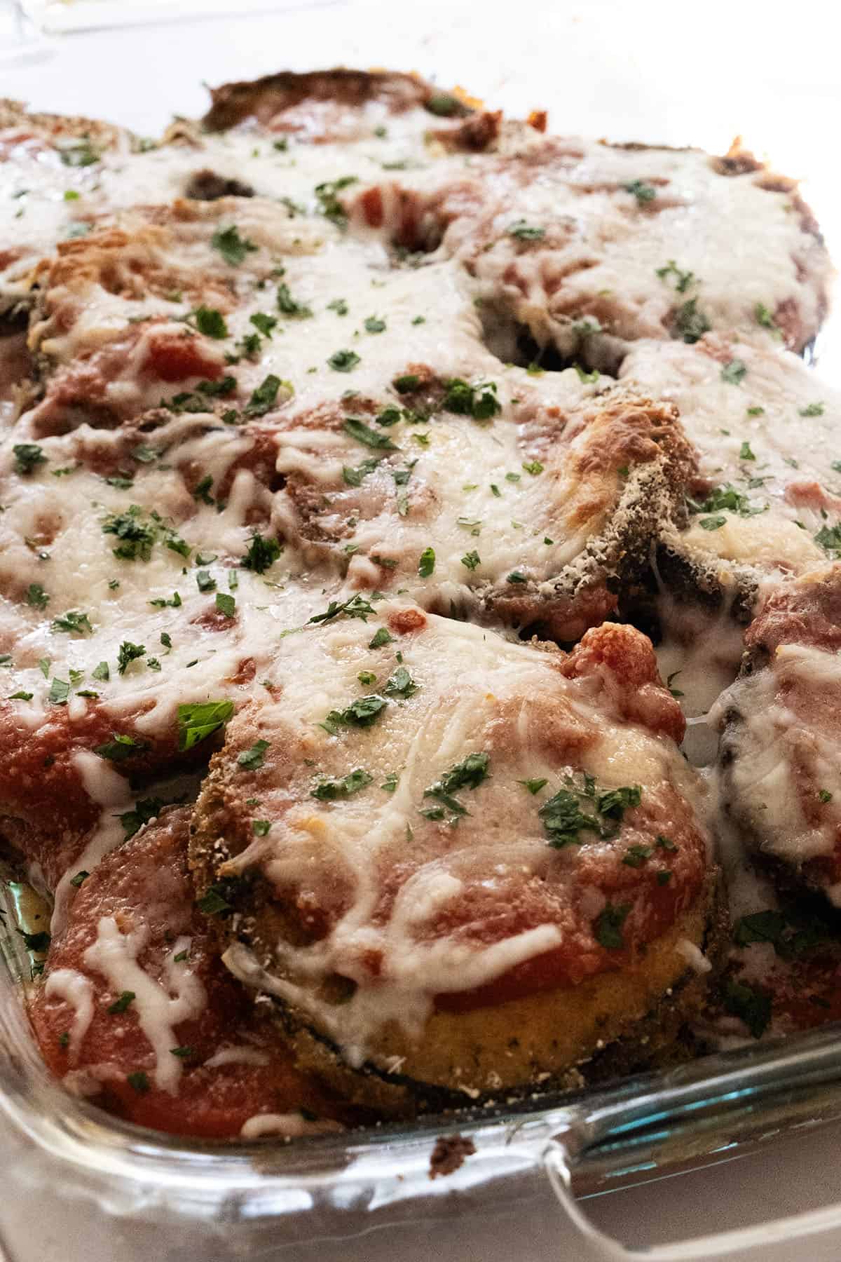 eggplant parmesan close up of melted mozzarella