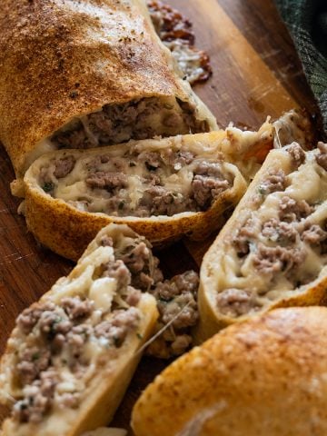 Italian sausage bread cut open
