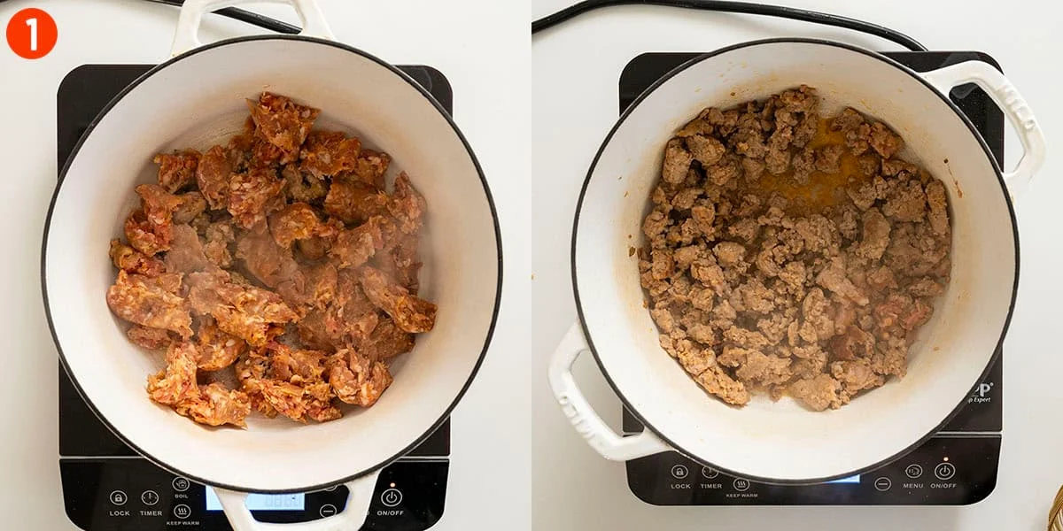 Searing and browning sausage in a dutch oven.