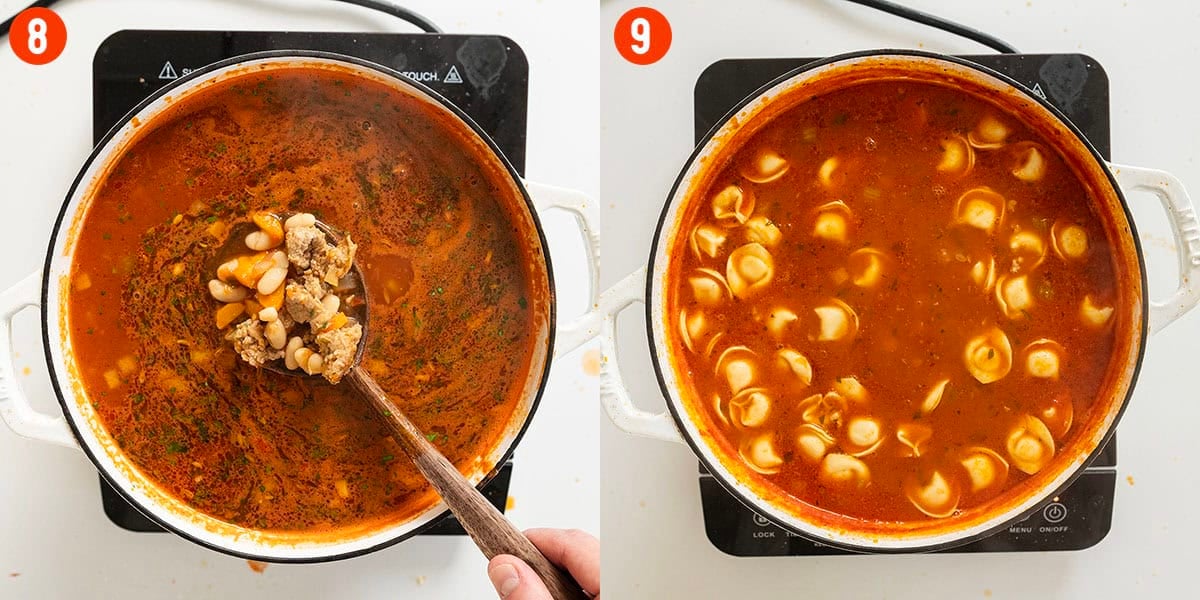 Returning sausage to the dutch oven and adding tortellini.