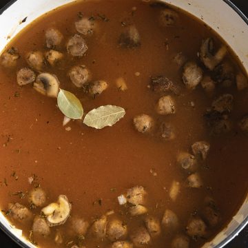 broth and bay leaves added.