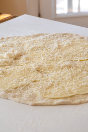 dough rolled out and topped with 3 cheeses