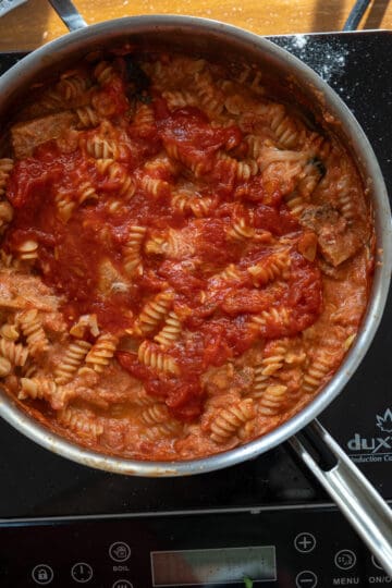 pasta added to sauce