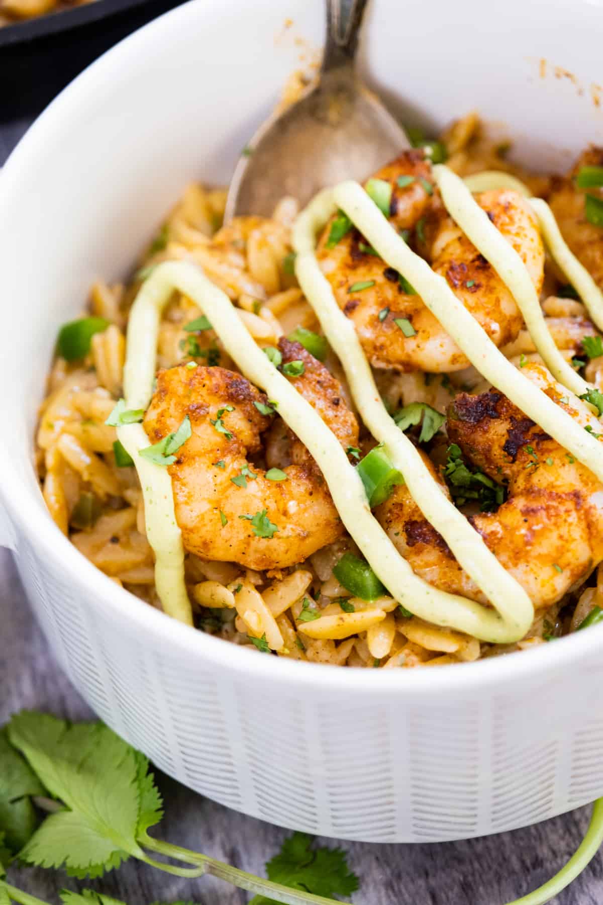 avocado crema drizzled on shrimp over creamy orzo