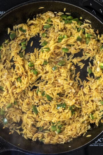 toasted orzo in cast iron