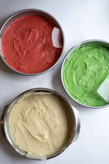 batter transferred to pans with food coloring