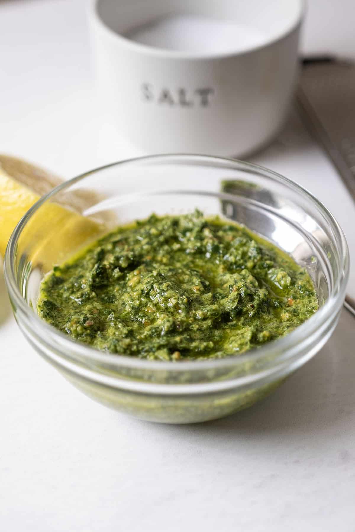 Pistachio pesto in a bowl