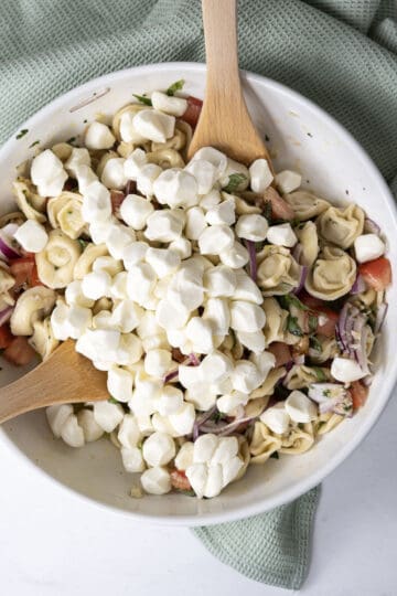 mixing mozzarella balls into salad