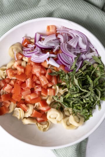 mixing ingredients for tortellini salad