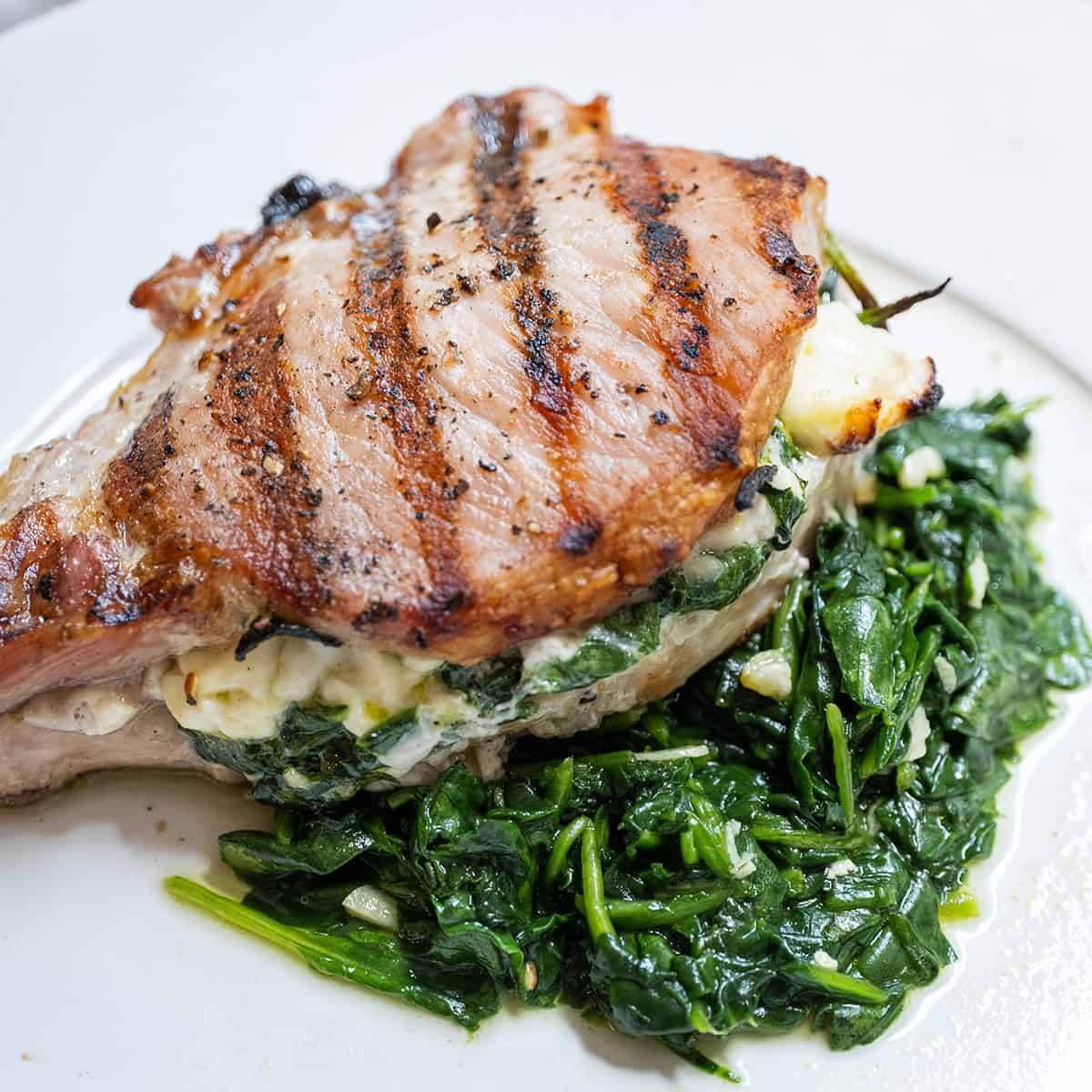 Grilled Stuffed Pork Chops with Spinach and Feta