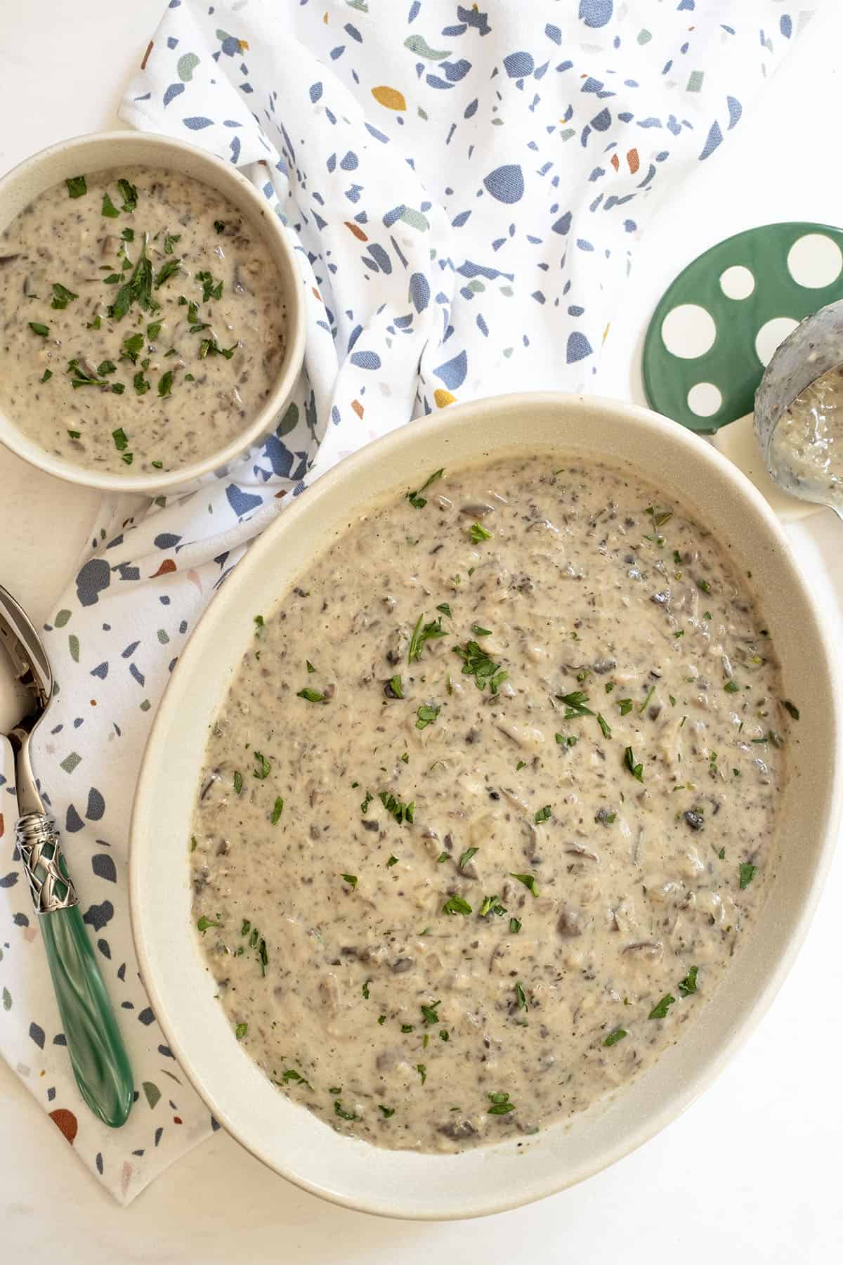 Mushroom soup in a large serving bowl and a small cup on the side.