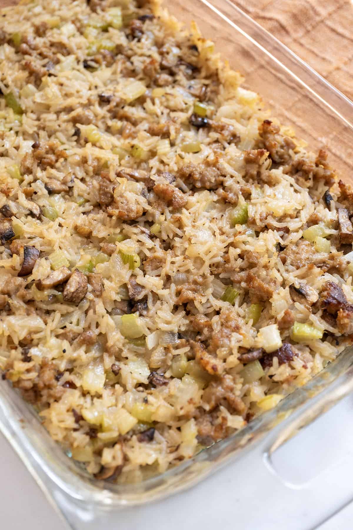 Rice dressing baked in the oven.