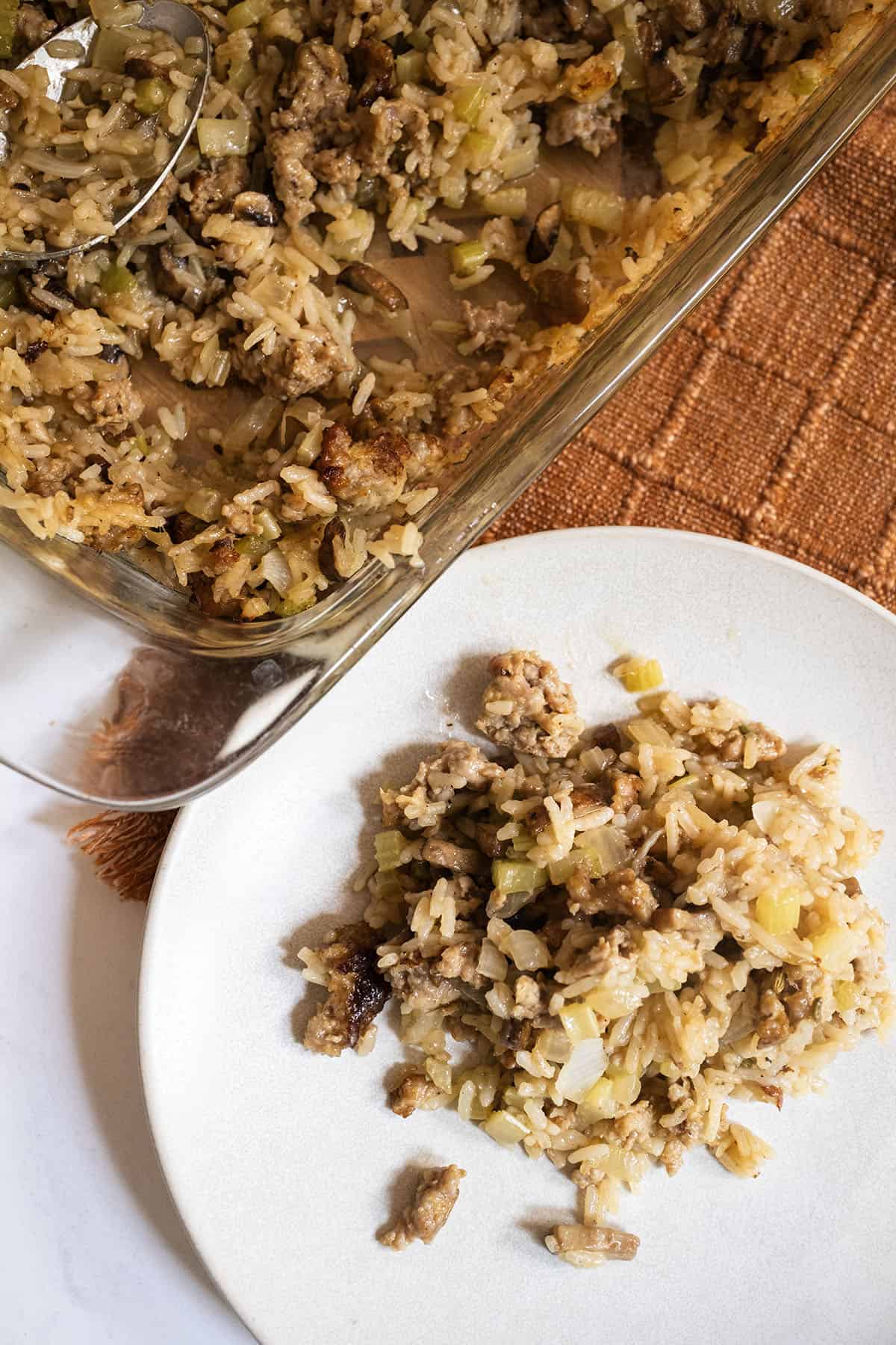 Rice dressing scooped onto a plate.