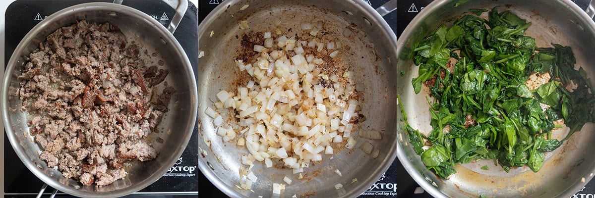 Gallery of 3 images showing searing the sausage, sauteing the onions and wilting the spinach.
