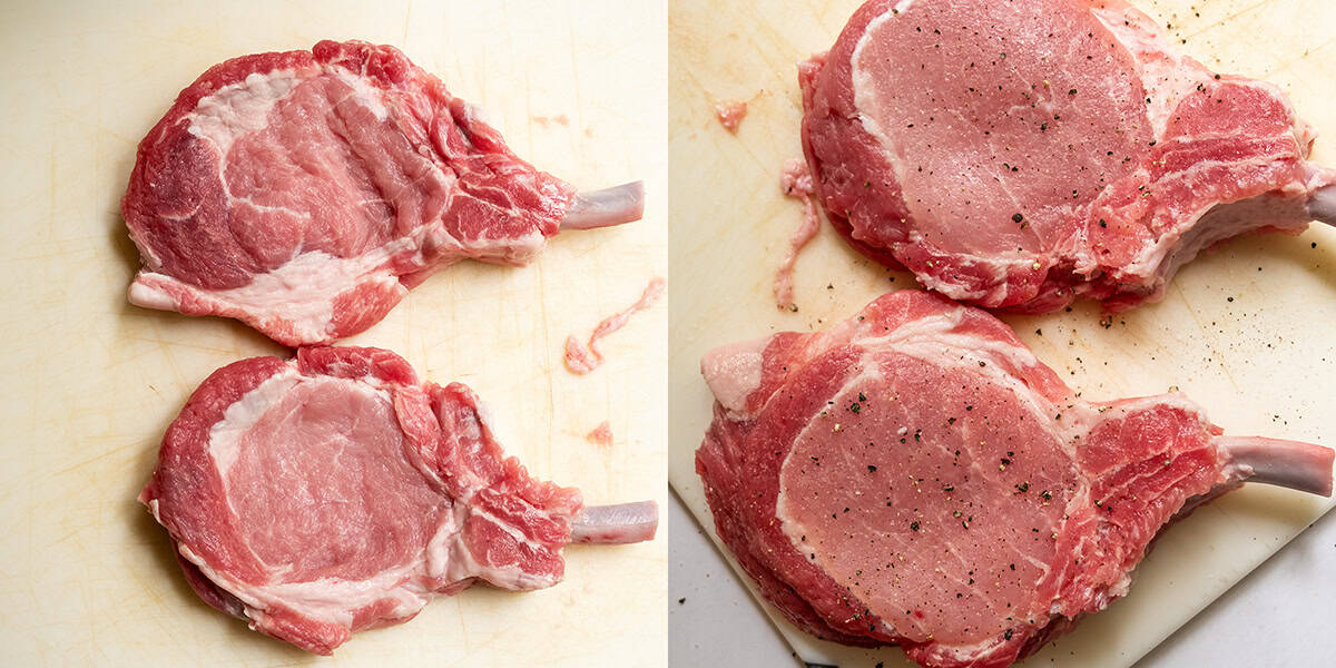 pork chops beat and tenderized on left then seasoned with salt and pepper on right.