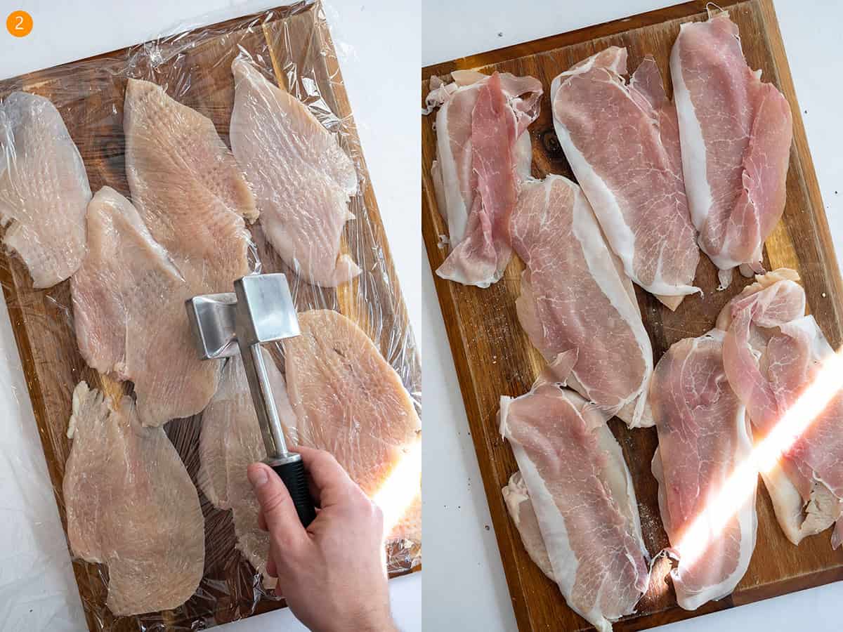 Tenderizing the chicken and laying prosciutto slices on it.