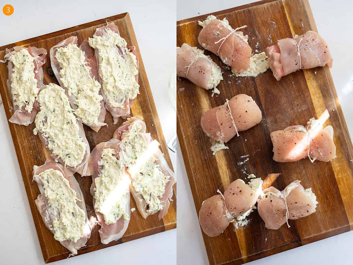 Topping the chicken and prosciutto with the ricotta filling, rolling it, and tying it with kitchen twine.