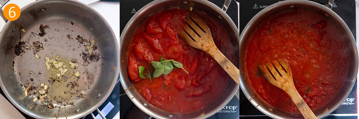 Simmering garlic in a pan and then adding tomato sauce to simmer.
