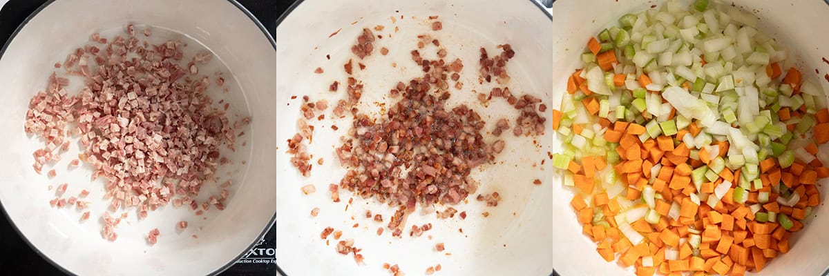 3 photo collage of pancetta in a cold pot, then panceta being fried golden and crispy, then sofrito being sauteed.