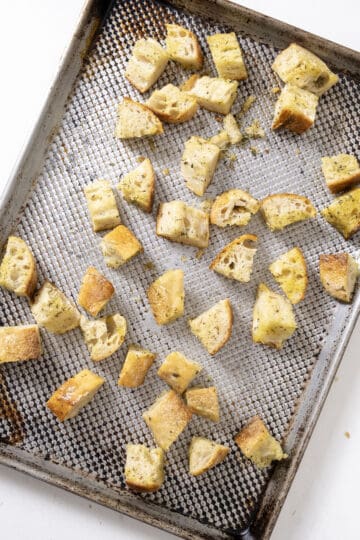 Pieces of bread chopped up and seasoned with olive oil and, garlic and seasonings.