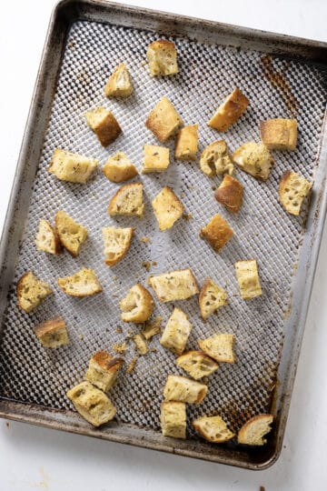 Croutons baked on a baking sheet.