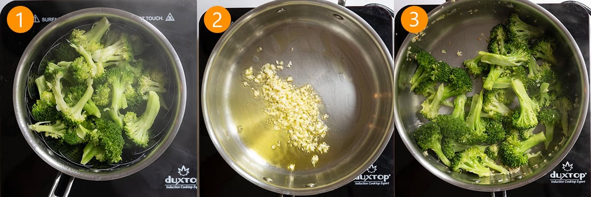 Steaming and sauteing garlic with broccoli.