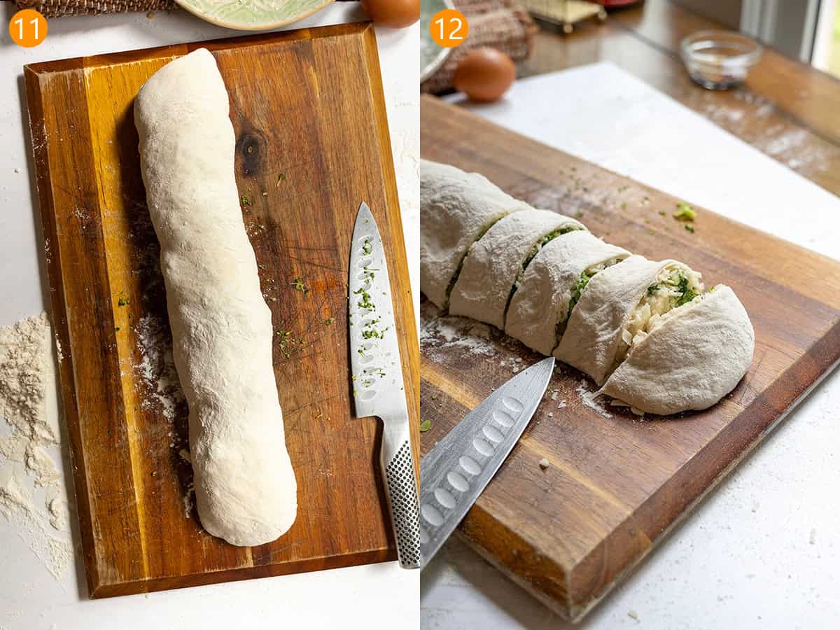 Rolling the stromboli and cutting it into pinwheels on a cutting board.