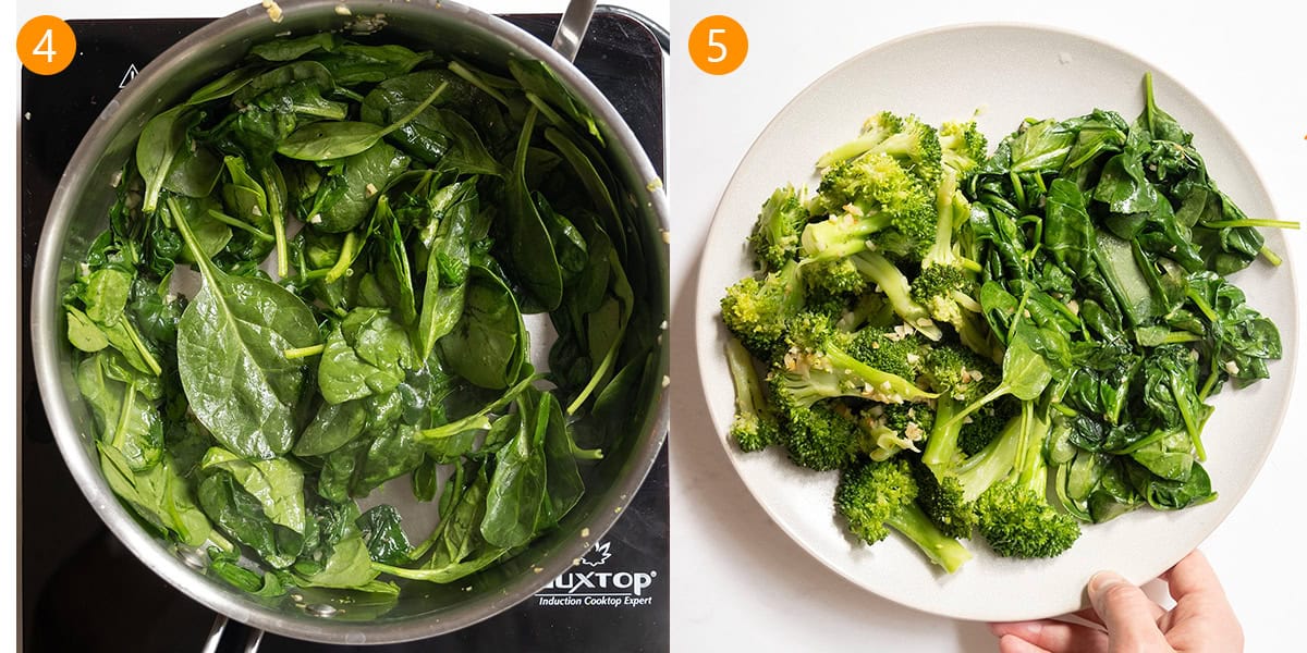 Sauteed spinach and a plate of broccoli and spinach.