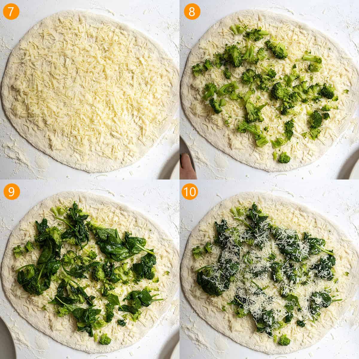 Spreading out cheese, broccoli, and spinach on the dough.