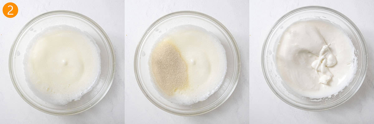 Hand mixing egg whites with sugar to stiff peaks.