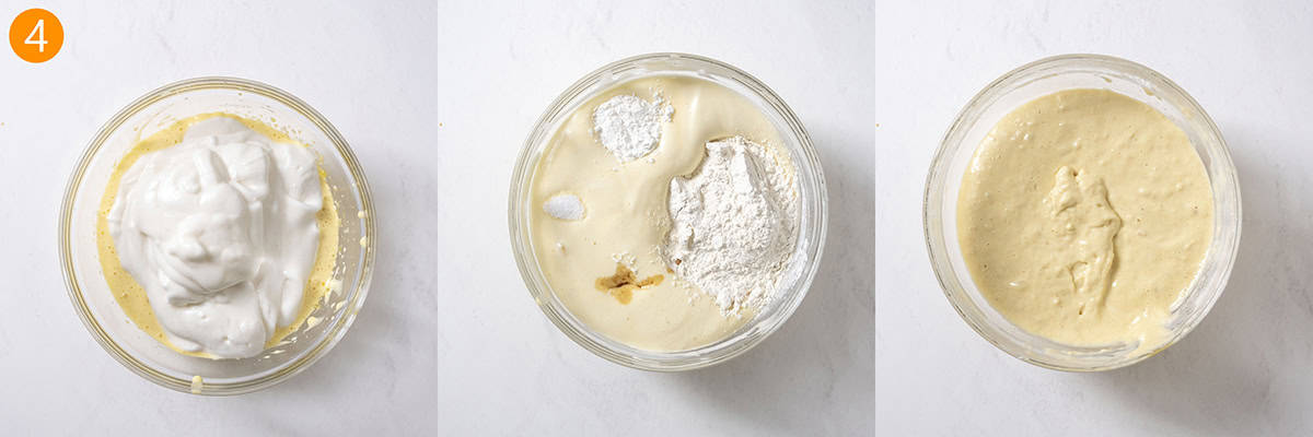 Egg whites folded into egg yolks with the dry ingredients and vanilla.