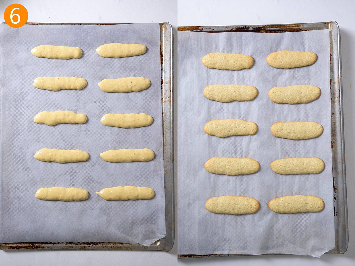Baking ladyfingers on a sheetpan.
