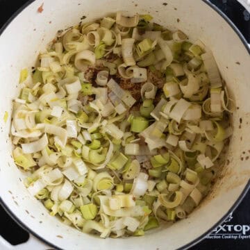 Sauteing leeks and celery.