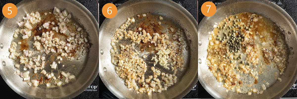 Sauteing shallots and garlic in a pan.