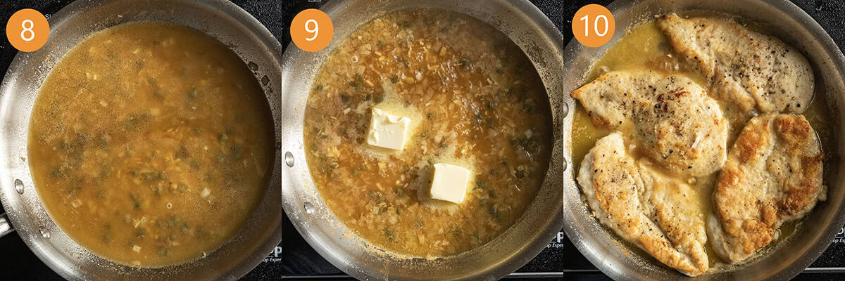 Simmering sauce to thicken with butter.