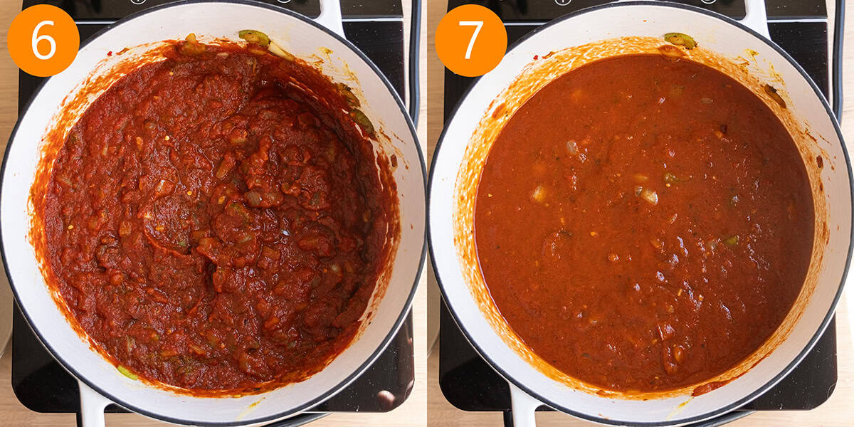 Adding crushed tomatoes and chicken broth to the vegetables.