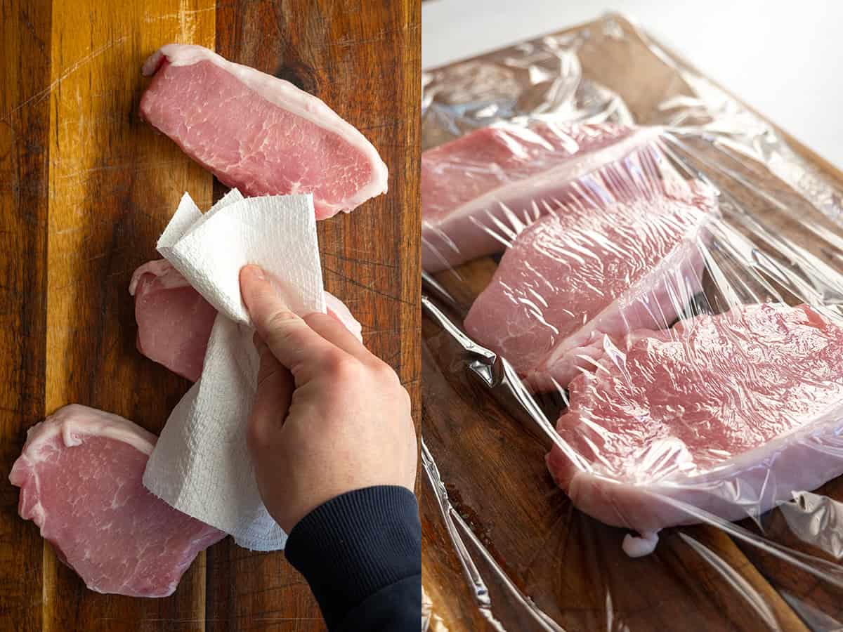 Preparing boneless pork chops by drying and tenderizing.