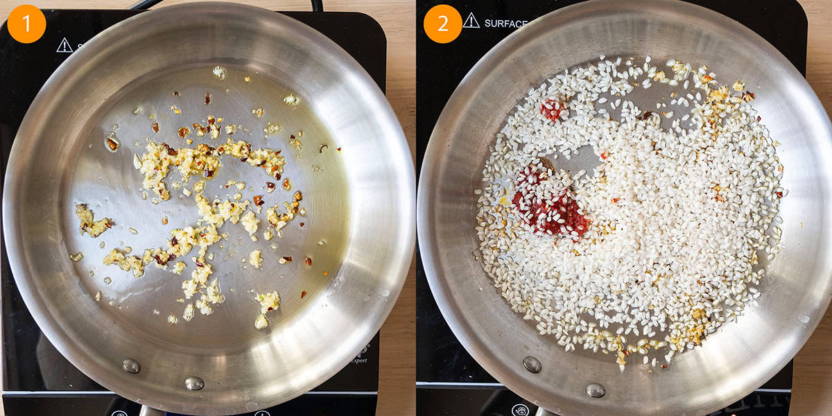 Sauteing garlic and toasting risotto in a saucepan.