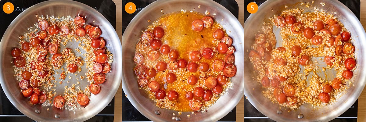 Steps showing sauteing cherry tomatoes, then simmered in white wine, then arborio rice soaking up all the wine.