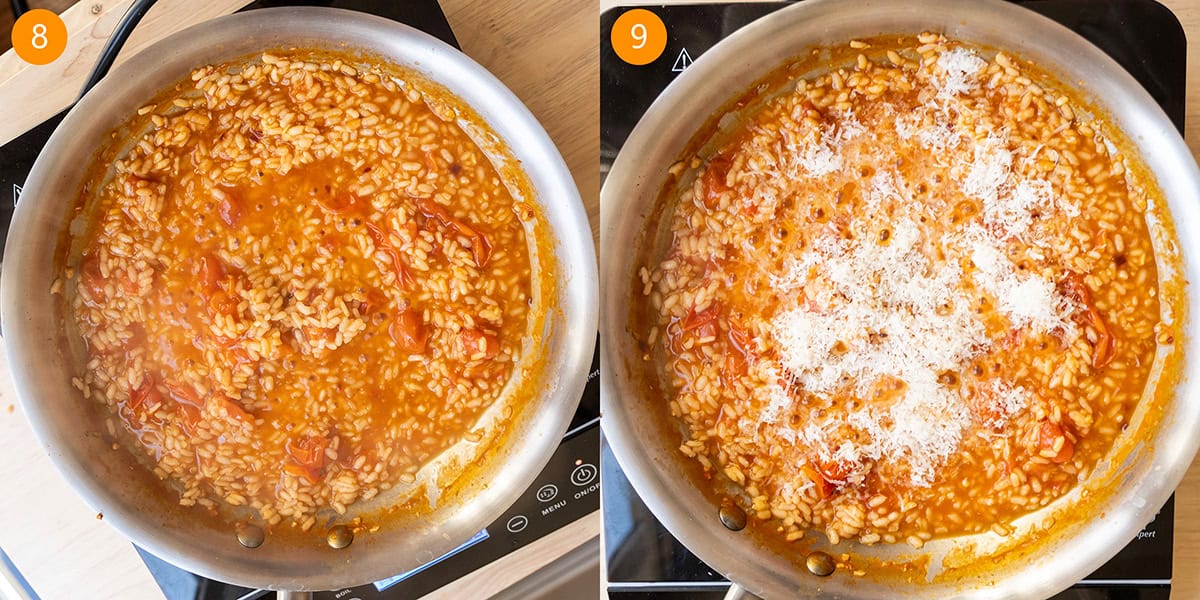 Small amount of chicken broth left with risotto then parmesan cheese added.