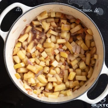 Red wine and apple cider vinegar added to the pot.