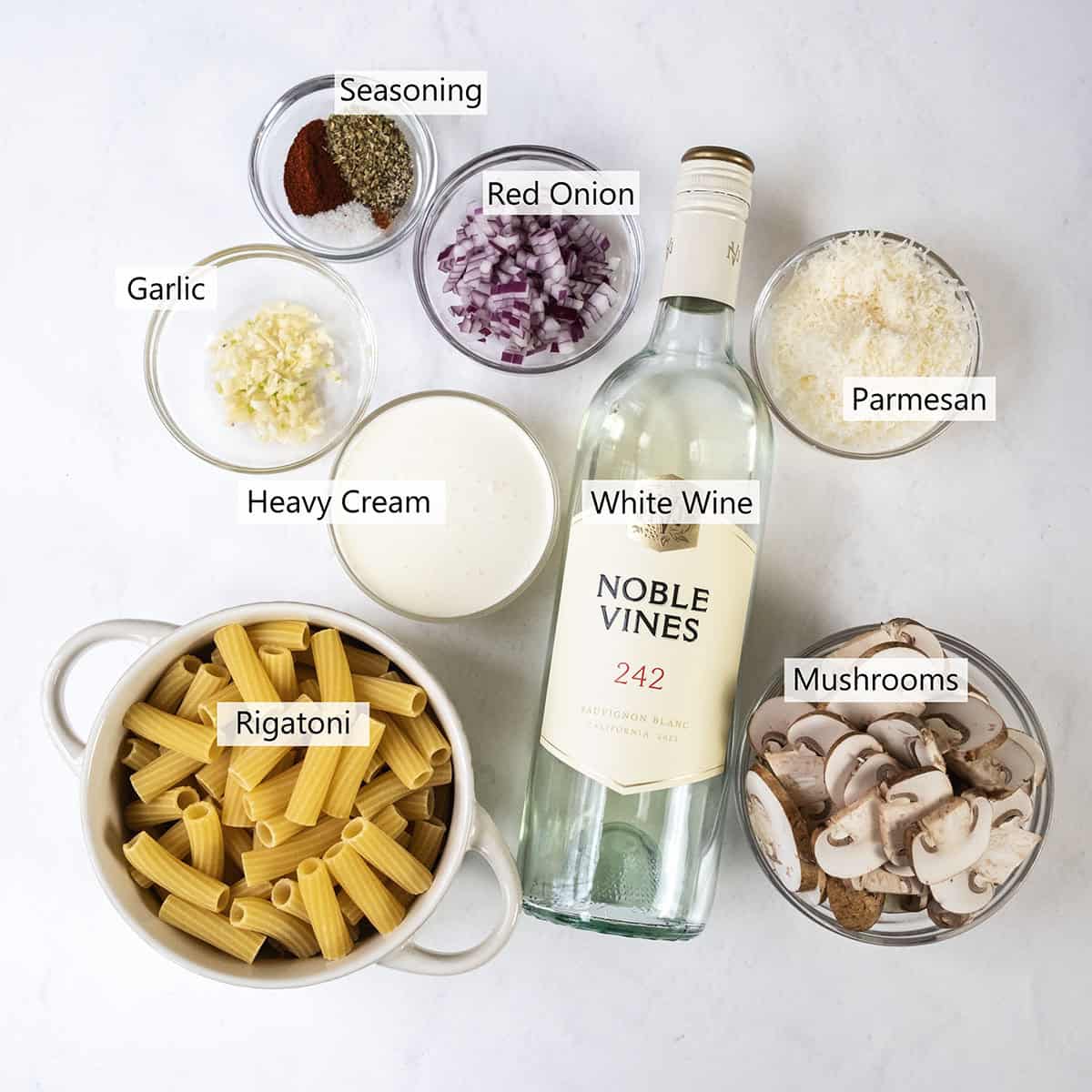 Ingredients for creamy mushroom pasta.