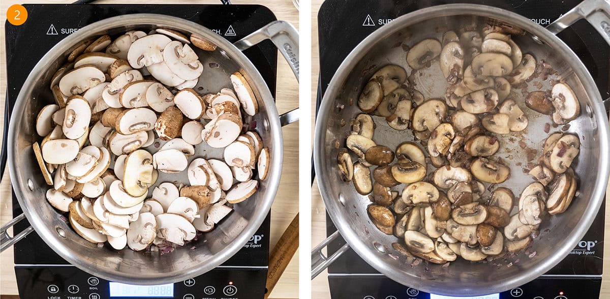 Sauteing mushrooms to a brown color.