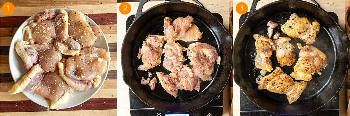 Searing the chicken thighs on a cast iron pan.
