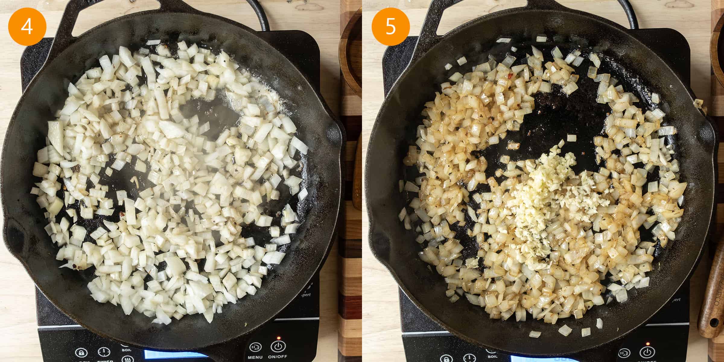 Sauteing the onions and garlic in the pan.