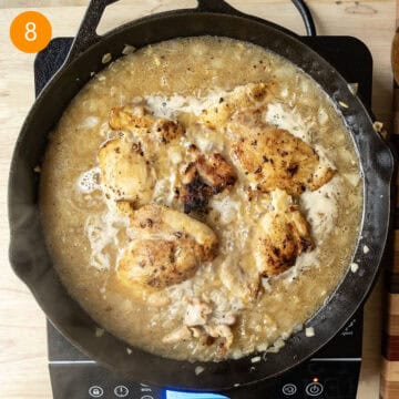Chicken broth and chicken returned to the pan with orzo.