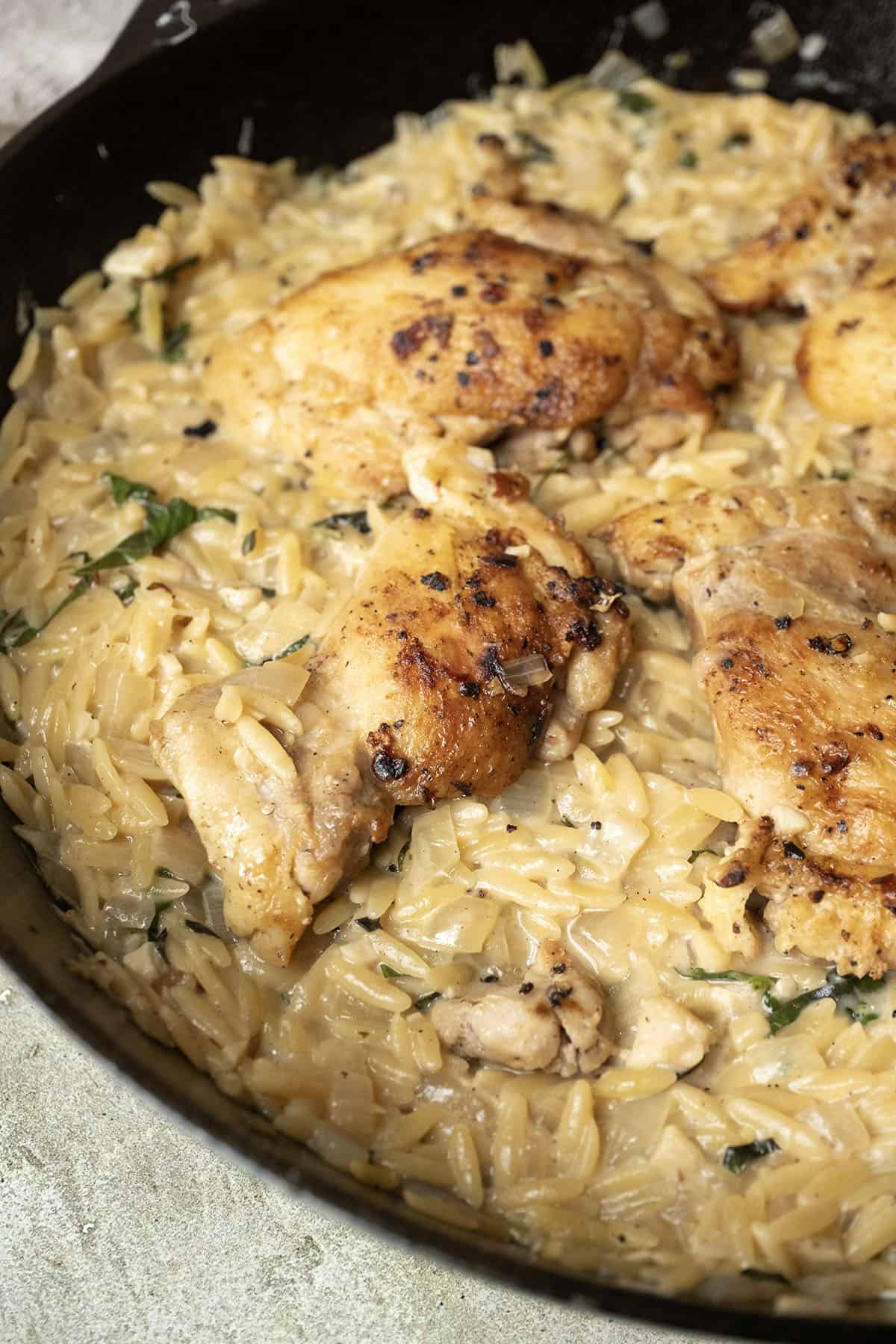 Charred chicken thighs over a bed of creamy orzo.