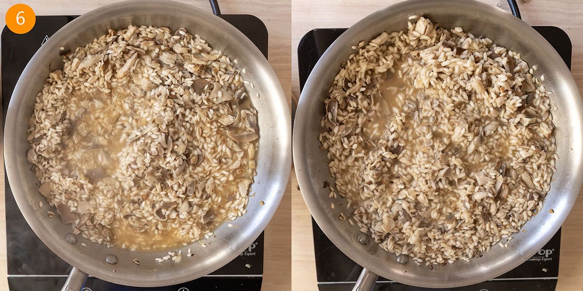 Simmering the rice in chicken broth in stages.